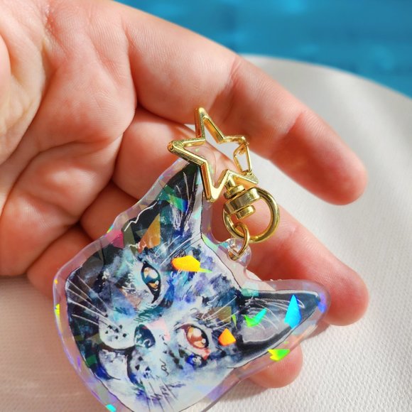 Gray Chartreux Cat Keychain, Cute Holo Keyring Gift, Holographic Acrylic Cat - Picture 2 of 4
